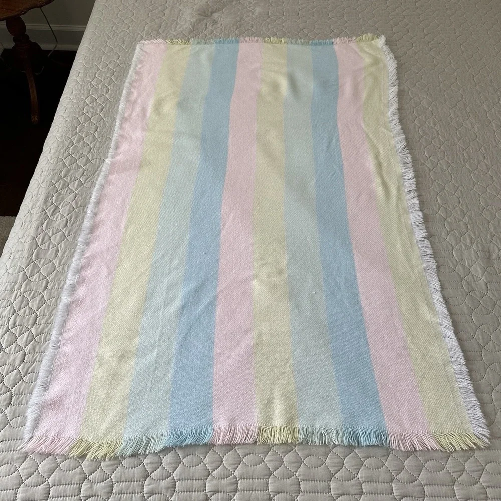 Vintage Acrylic Baby Blanket Pastel Stripe Fringe Receiving Pink Blue Yellow